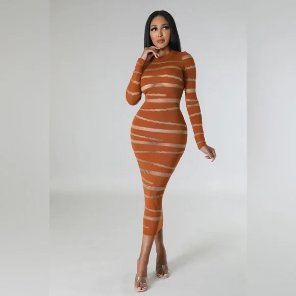 bodycon sheer mesh dress Sheer Mesh Long Sleeve Square Neck Bodycon Dress main image 0